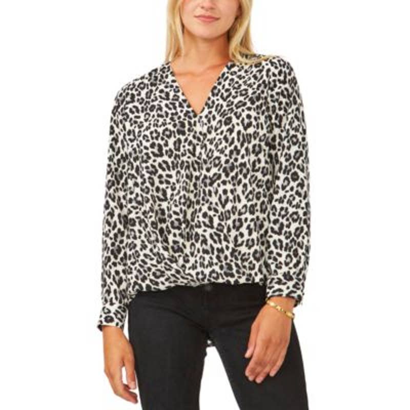 Vince Camuto Women's Black & Pewter Gray Animal Print Wrap Front Top