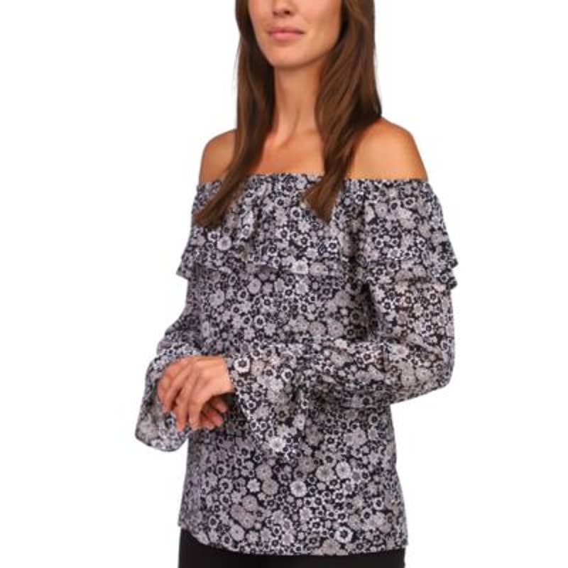 Michael Kors Women's Black & Aluminum Gray Floral Print Off-the-Shoulder Blouse