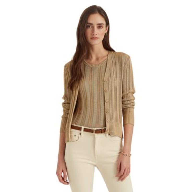 Lauren Ralph Lauren Women's Birch Tan Pointelle Button Up Cardigan Sweater