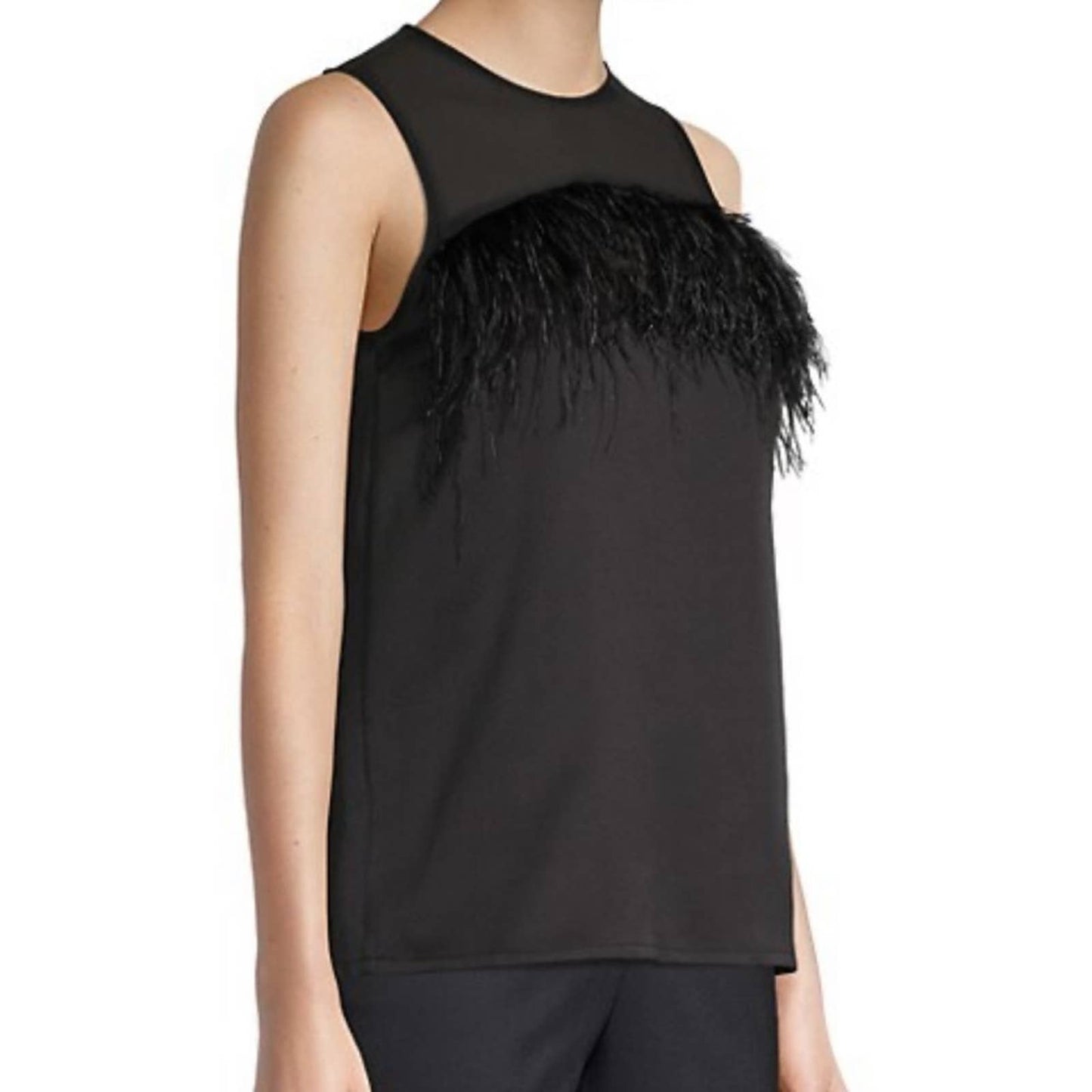 Michael Kors Black Sleeveless Blouse w/ Sheer Top & Genuine Ostrich Feathers