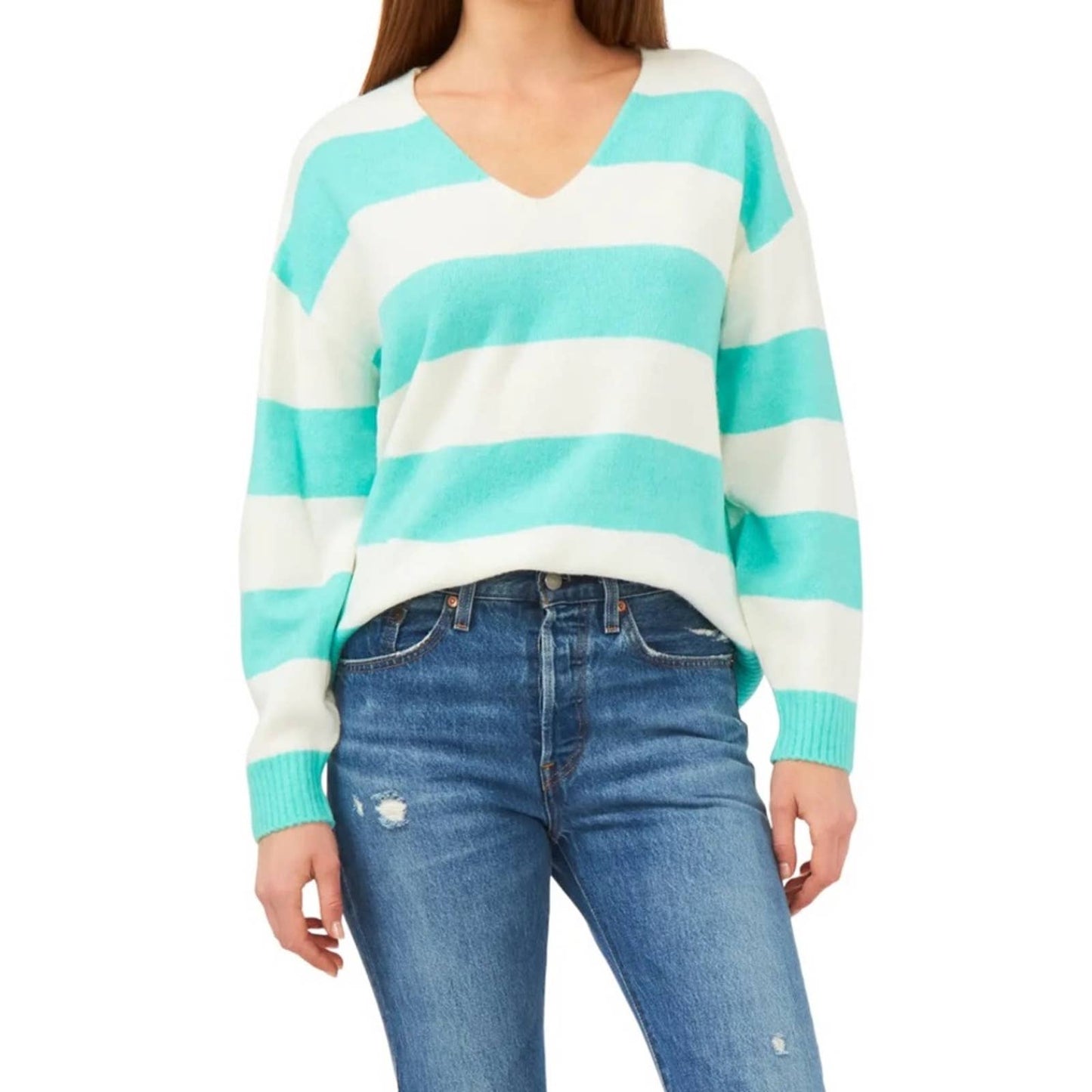 Vince Camuto Turquoise & White Striped Sweater, V-Neck, Ribbed Accents