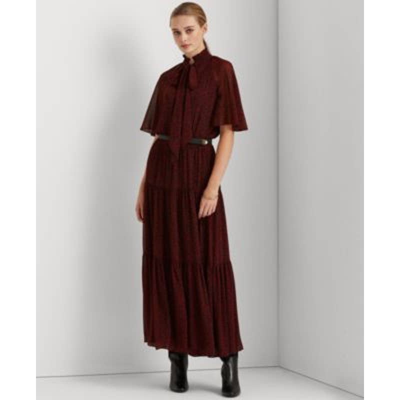 Lauren Ralph Lauren Women's Lipstick Red & Black Leaf Print Georgette Dress