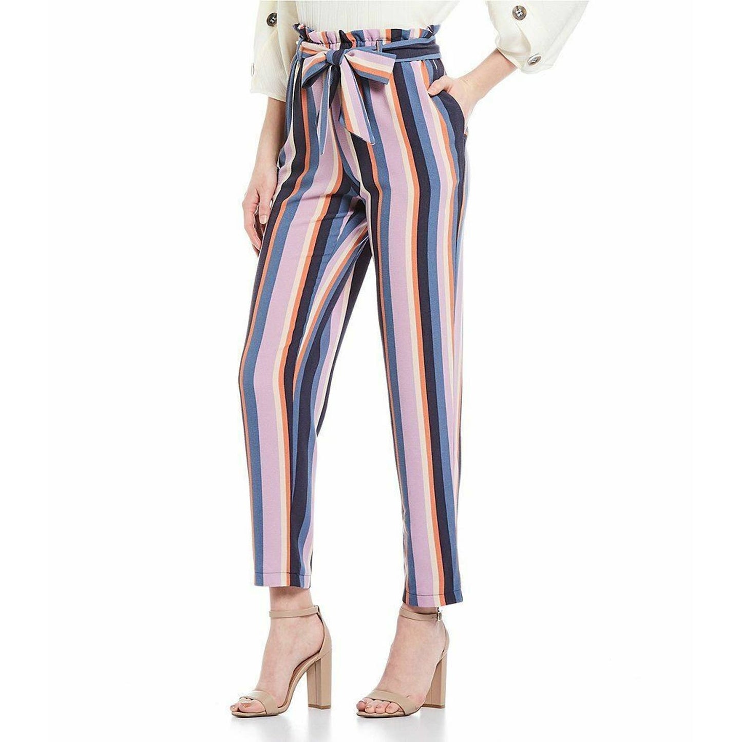 JUNE & HUDSON LADIES JUNIORS PAPERBAG WAIST STRIPED PANTS