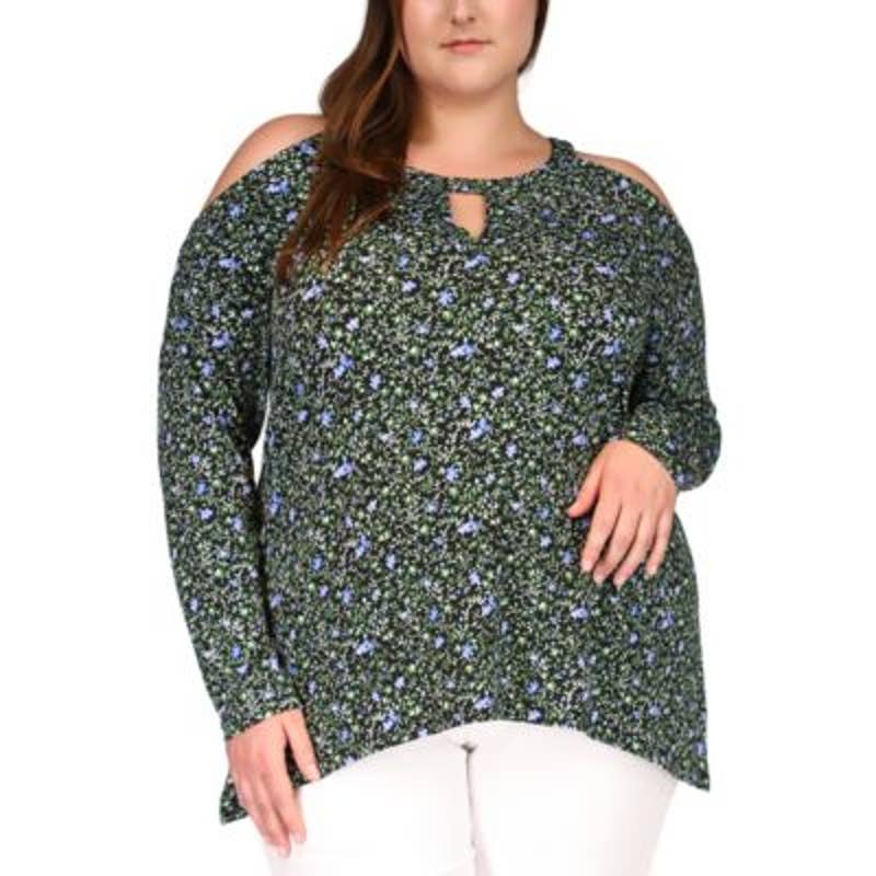 Michael Kors Women's Black & Green Floral Print Cold Shoulder Jersey Blouse