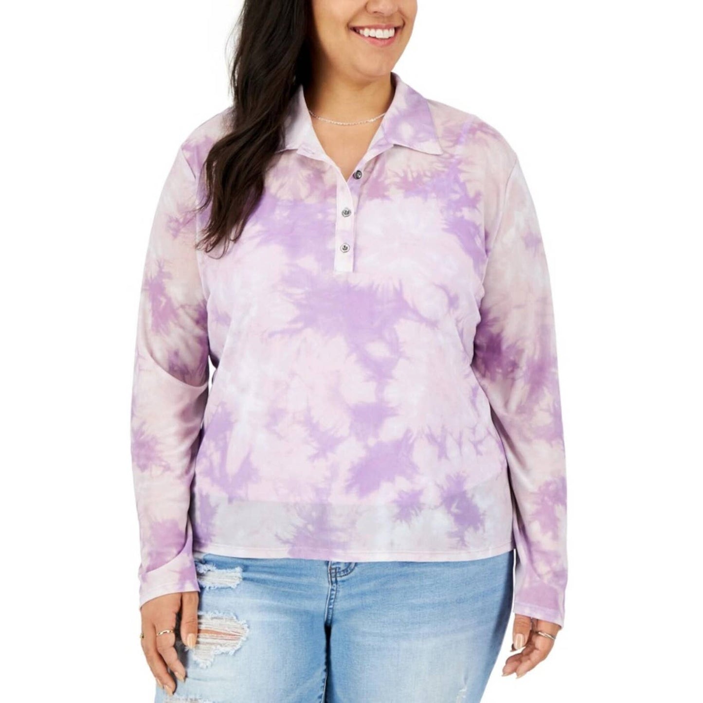 Love, Fire Women's Purple & White Tie Dye Blouse w/ Sheer Overlay