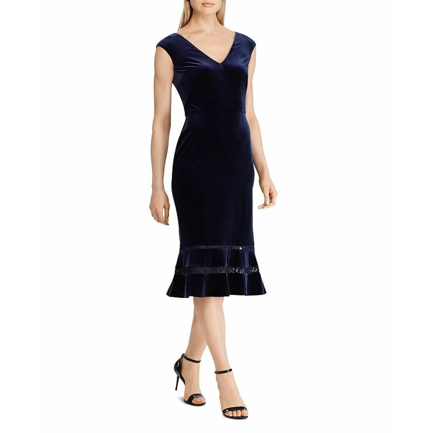 Ralph Lauren Navy Blue Velvet "Beekman" Dress w/ Fluted Hem, Lace Accents