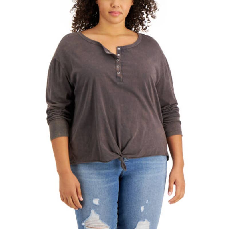 Rebellious One Ladies Charcoal Gray Twist Front Quarter Button Up Top