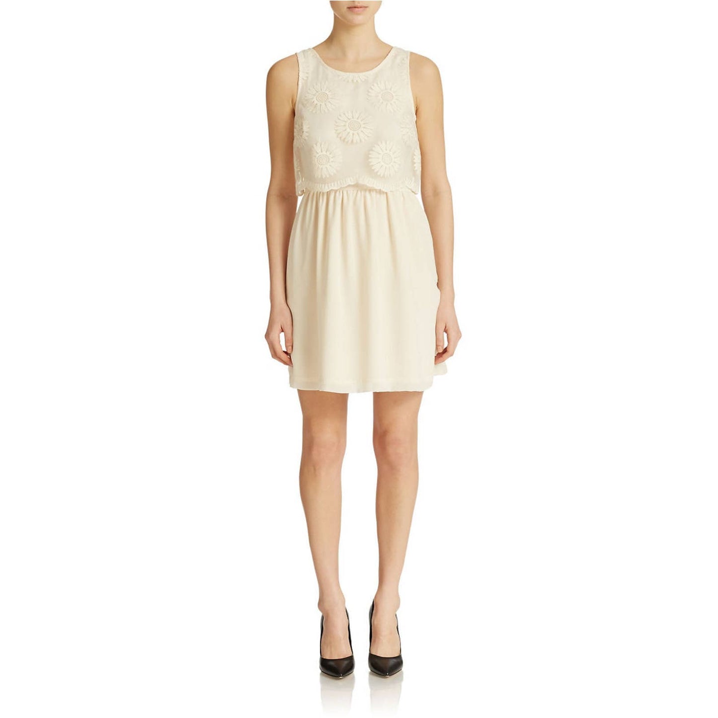 KENSIE, Floral Embroidered Mesh Top Dress, Ivory