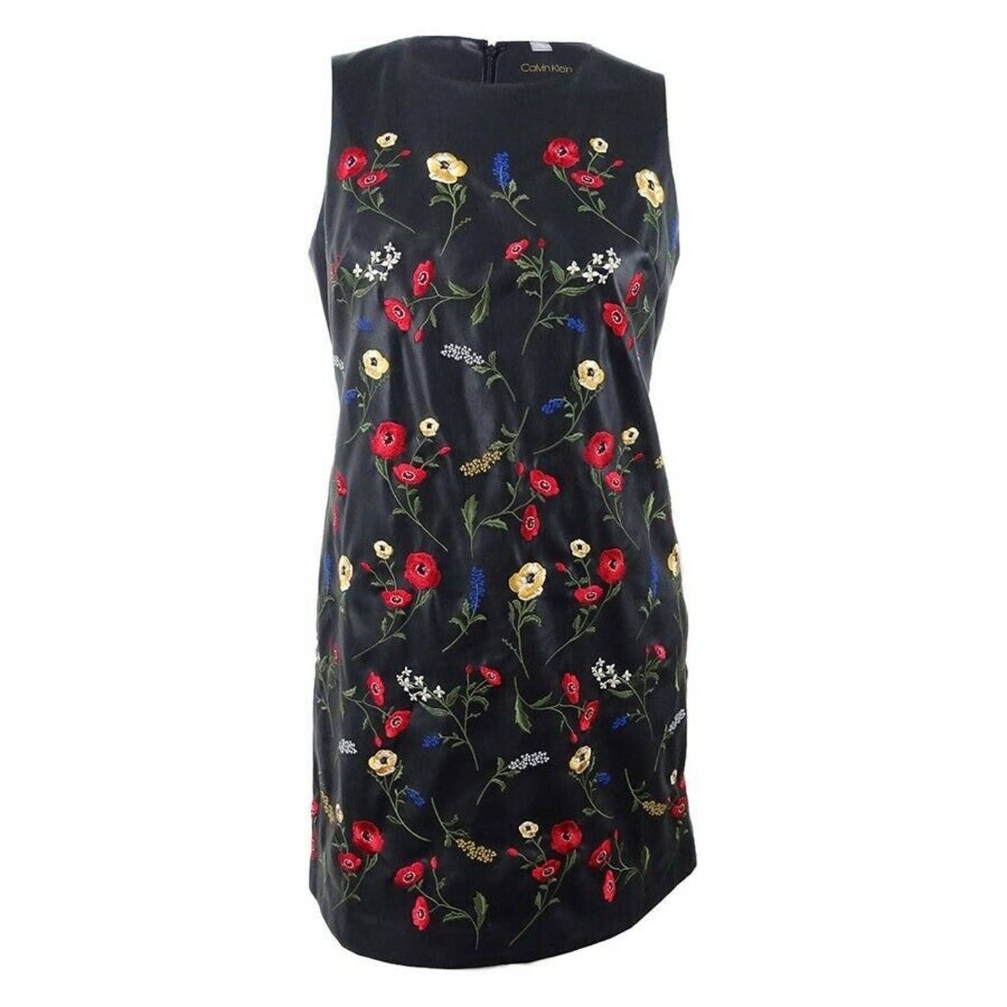 CALVIN KLEIN LADIES FAUX LEATHER EMBROIDERED SHIFT DRESS