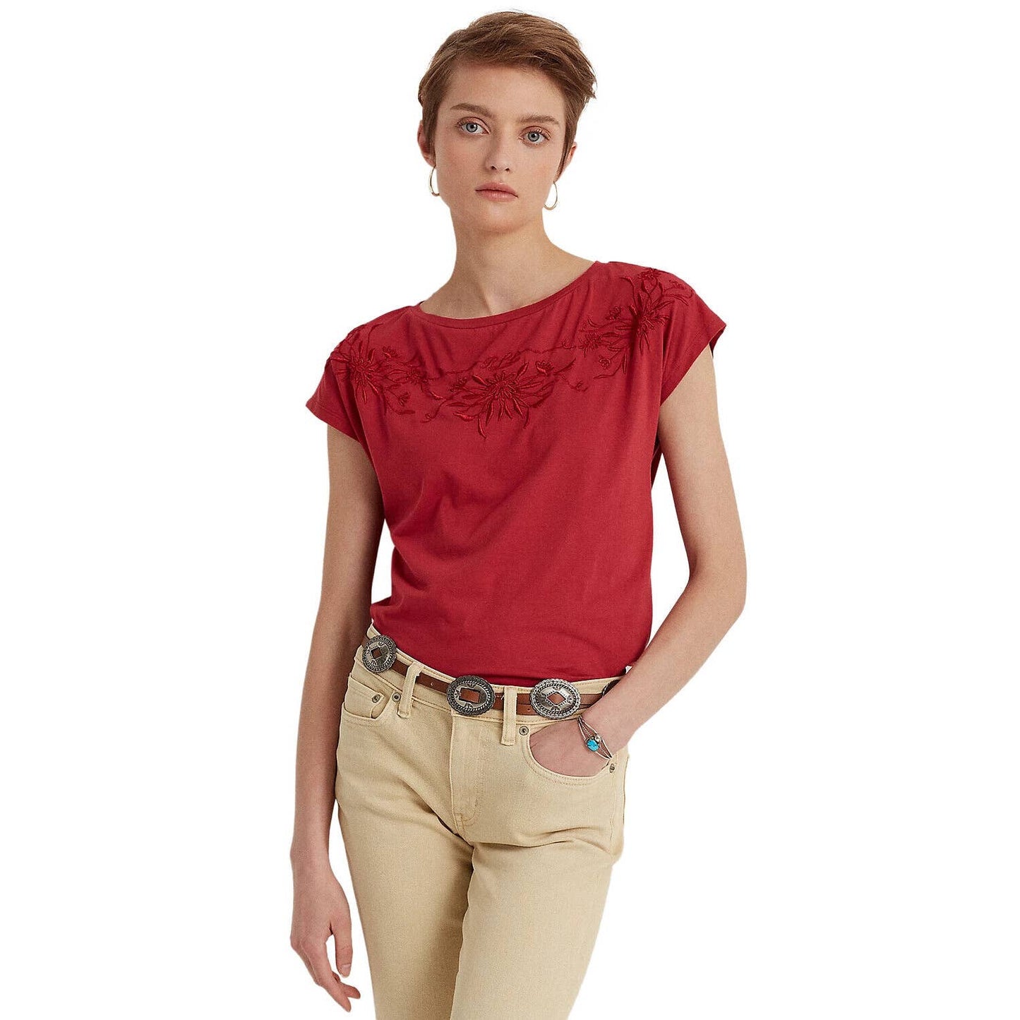 Lauren Ralph Lauren Women's Petite Embroidered Cotton Blend Blouse, Bright Clay