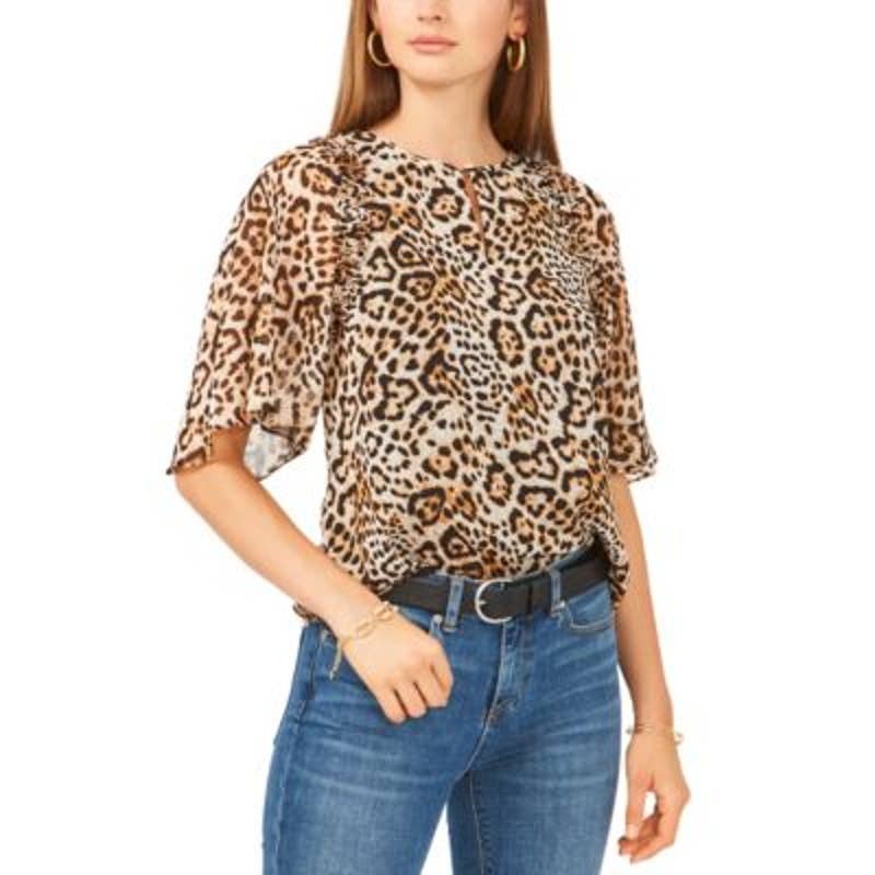 Vince Camuto Women's Brown & Black Leopard Print Ruffle Sleeve Blouse