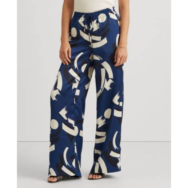 Lauren Ralph Lauren Ladies Navy Blue & Cream Geometric Print Charmeuse Pants