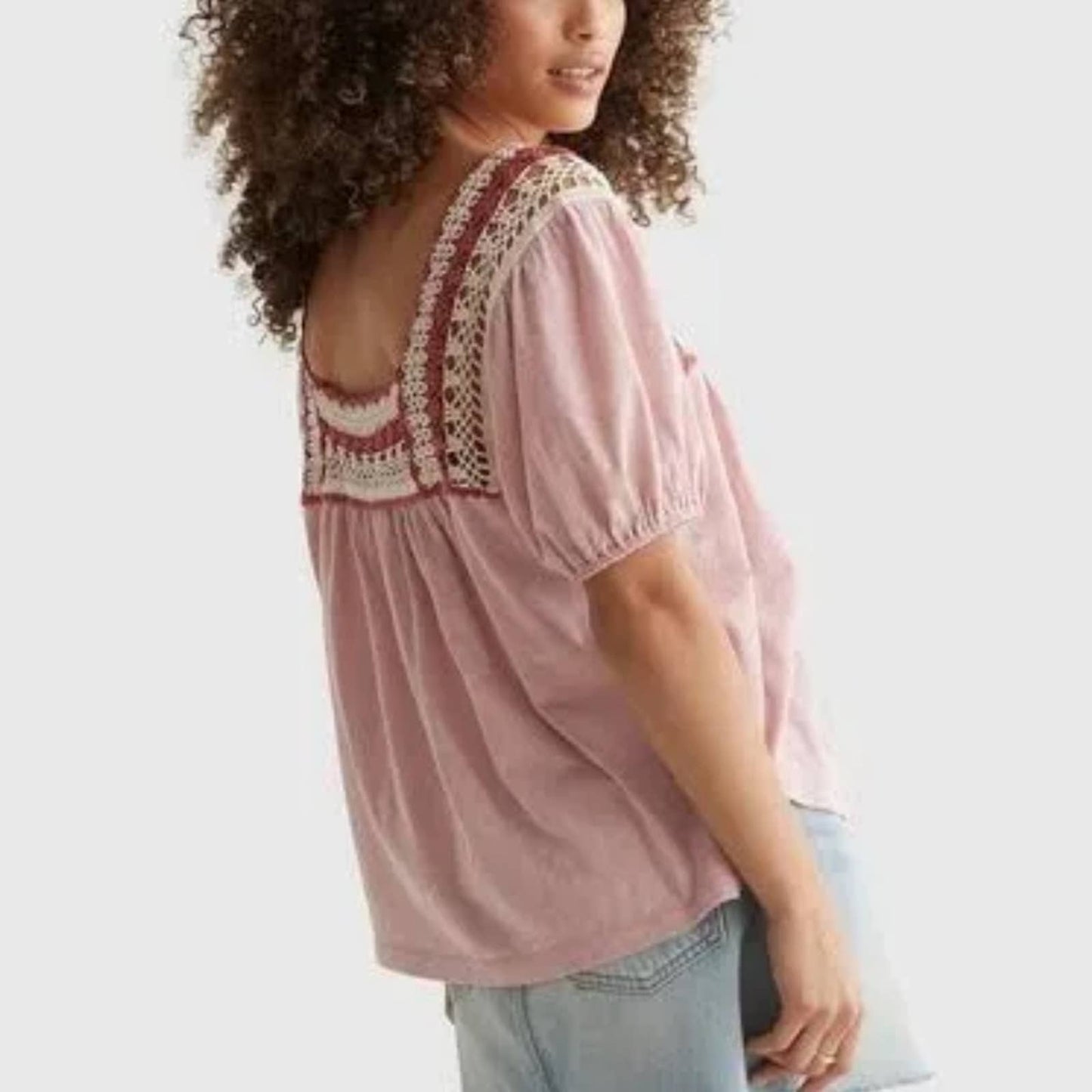 Lucky Brand Pink Crochet Smock Blouse, Square Neck