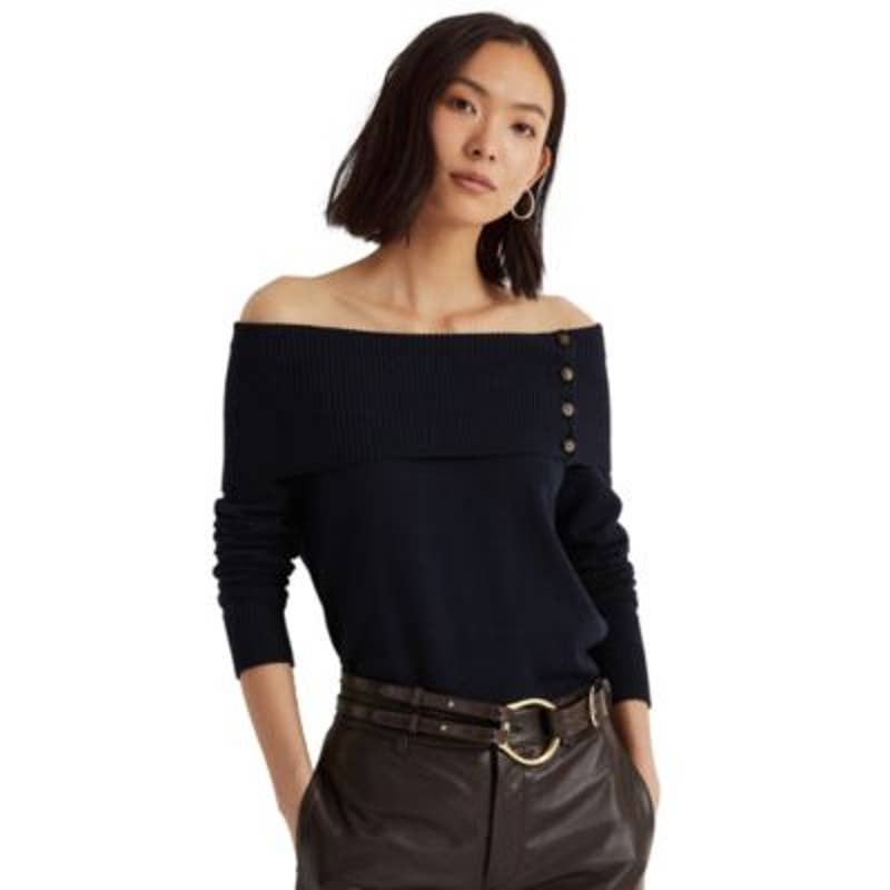 Lauren Ralph Lauren Women's Cotton Navy Blue Off-the-Shoulder Ribbed Sweater