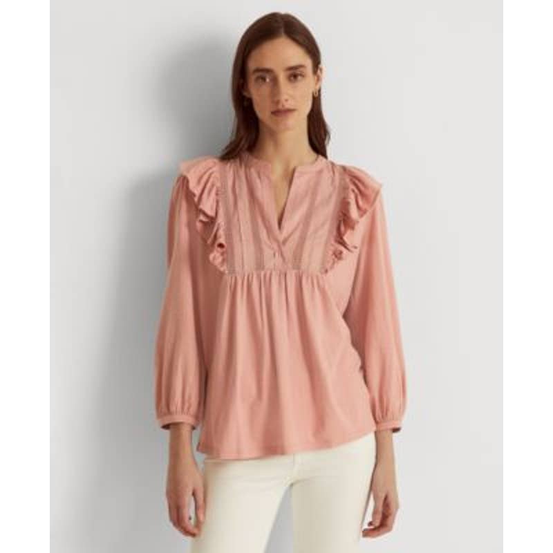 Lauren Ralph Lauren Women's Rose Tan Pink Bib Front Cotton Blend Top