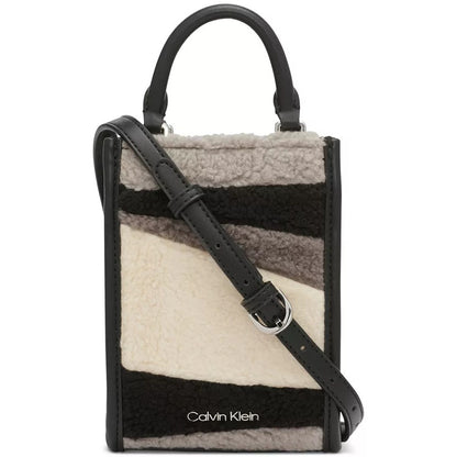 Calvin Klein Shearling Adjustable Phone Crossbody Bag in Black & Gray