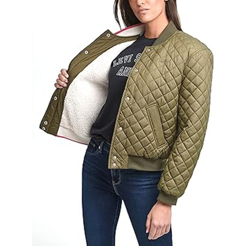 Levi's Women's Diamond Quilted Bomber Jacket in Army Green, Size Small