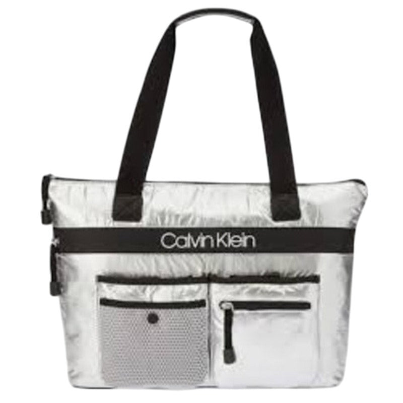 Calvin Klein Metallic Silver Tote Bag w/ Pockets & Black Details, NWT, $168