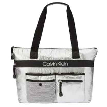 Calvin Klein Metallic Silver Tote Bag w/ Pockets & Black Details, NWT, $168