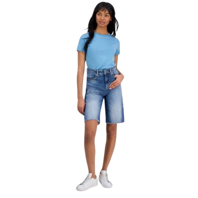 HUGO BOSS Orange Women's High-Rise Raw-Edge Denim Shorts in Bright Blue Wash