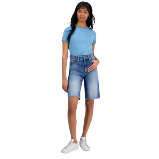HUGO BOSS Orange Women's High-Rise Raw-Edge Denim Shorts in Bright Blue Wash