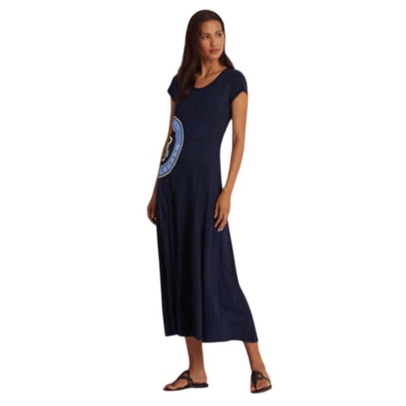 Lauren Ralph Lauren Women's French Navy Blue Jersey Logo Maxi Dress