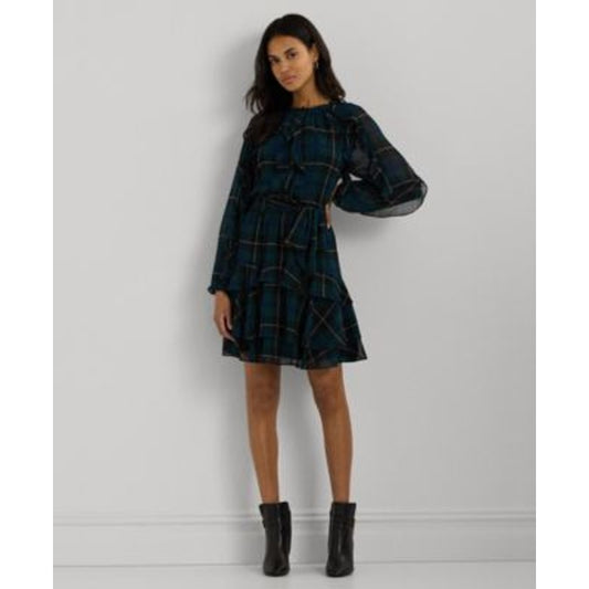 Lauren Ralph Lauren Women's Plaid Ruffle-Trim Georgette Dress in Green Blue