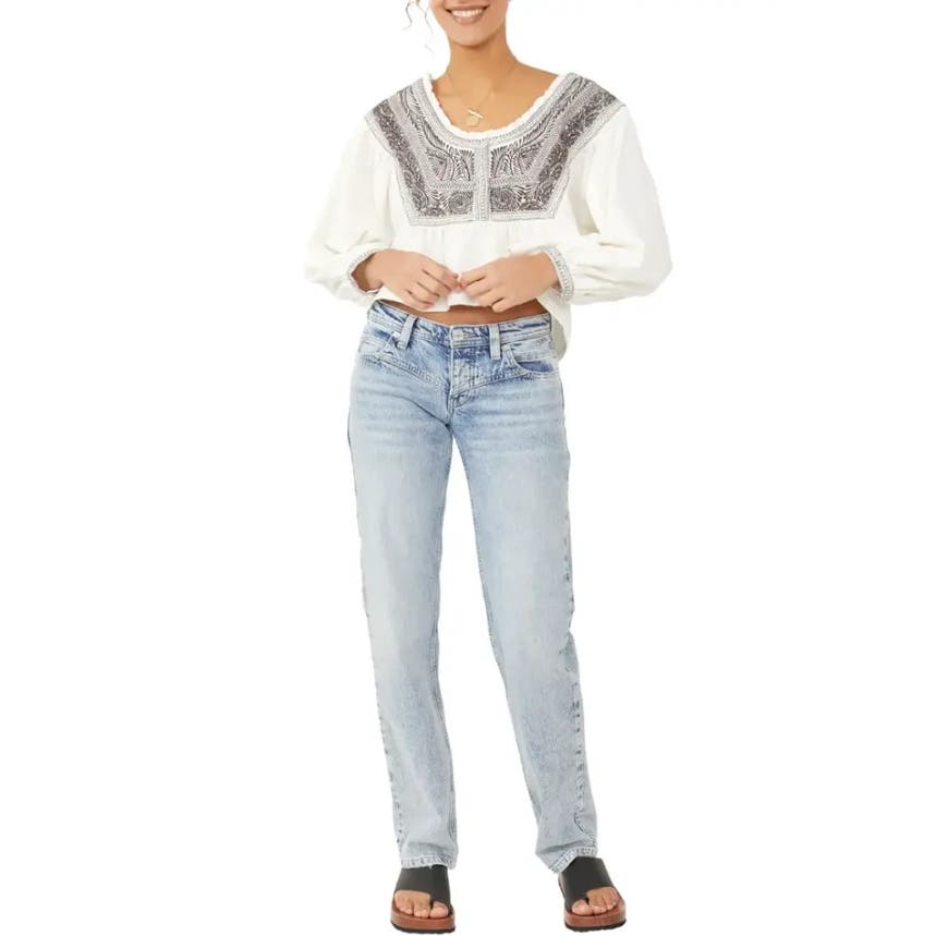 Free People Women's Iggie Embroidered Top, Ivory & Black