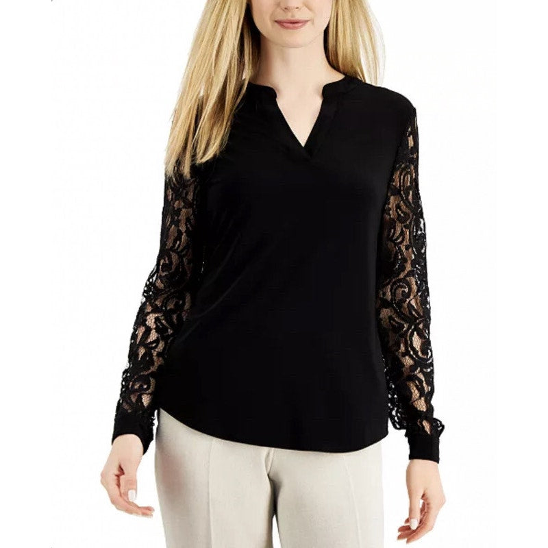 Kasper Women's Split-Neck Crochet Long-Sleeve Top in Black