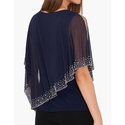 MSK Women's Beaded Overlay Cape Top in Navy Blue & Silver