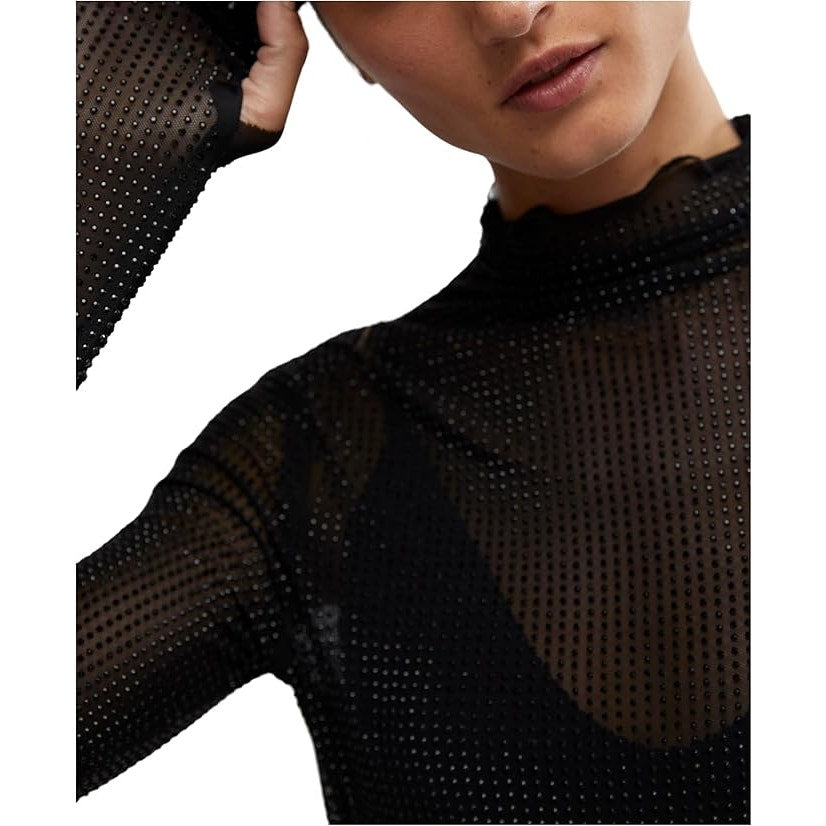 Free People Women's Dance All Night Long Sleeve Sheer Top in Black