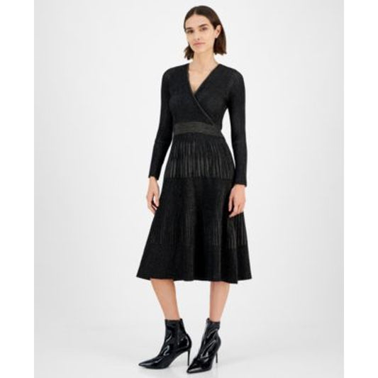 T Tahari Women's Metallic Ribbed Surplice Dress in Black Lurex