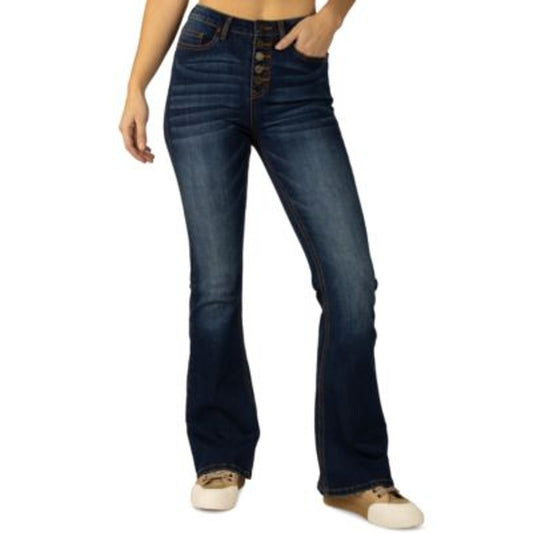 Indigo Rein High Rise Exposed Button Flare Jeans in Dark Blue, Size 7