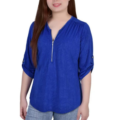 NY Collection Women's Petite 3/4 Sleeve Roll Tab Zip Front Top in Royal Blue
