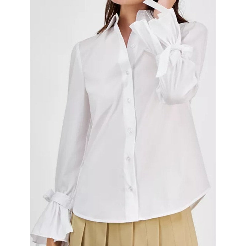 Anne Klein Women's Ruffle Bow Cuff Button Up Top in Bright White