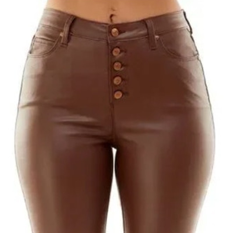 Almost Famous Juniors Faux Leather Exposed Super High Rise Jeans in Brown