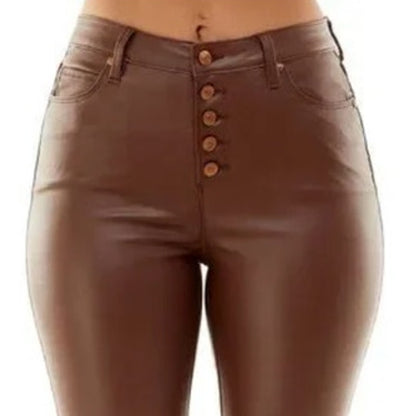 Almost Famous Juniors Faux Leather Exposed Super High Rise Jeans in Brown