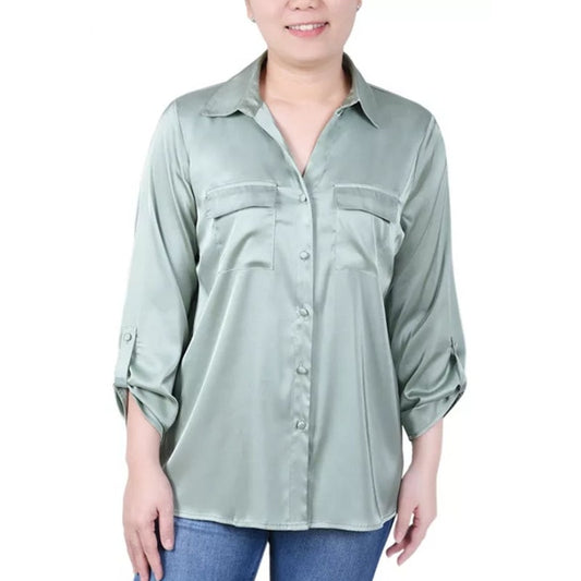 NY Collection Women's Petite 3/4 Sleeve Button Up Top in Frosty Green