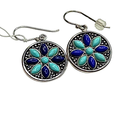 R. H. Macy Sterling Silver, Turquoise & Lapis Flower Drop Earrings