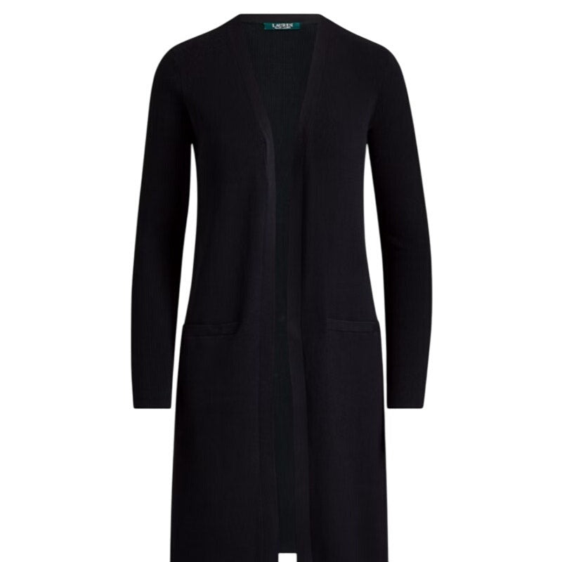 Lauren Ralph Lauren Solid Black Ribbed Cardigan w/ Pockets, Size Small