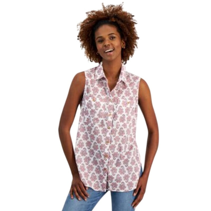 Nautica Jeans Women's Cotton Paisley Sleeveless Top in Bridal Rose Pink