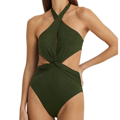 Lauren Ralph Lauren Women's Cutout Twist Halter Swimsuit in Olive Green