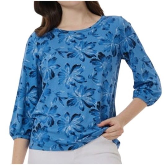 Jones New York Petite Printed 3/4-Sleeve Crewneck Top in Blue Lagoon Floral
