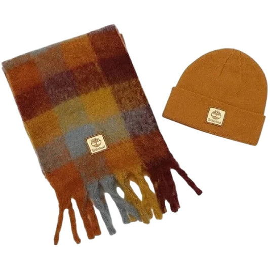 Timberland Logo Detail Multi-Check Scarf in Glazed Ginger & Beanie Boxed Set