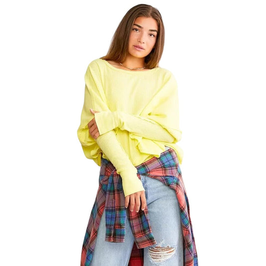 Free People Women's "Microphone Drop" Waffle Knit Top in Lemongrass Yellow, S