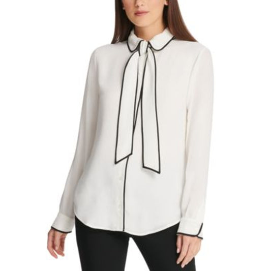 DKNY Women's Petite Piped-Trim Tie-Neck Top in White & Black