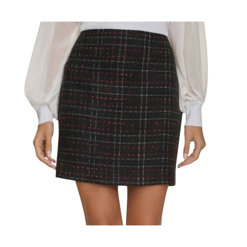 Calvin Klein Women's Tweed Plaid Print Pencil Skirt in Black & Red