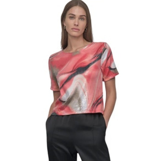 DKNY Women's Short Sleeve Sequinned Brushed Marble Top in Orange