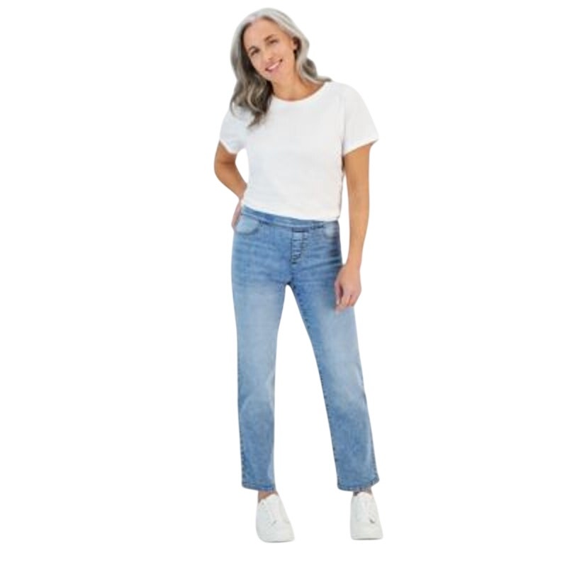Style & Co. Petite Mid-Rise Pull-On Straight Leg Jeans in Peony Wash