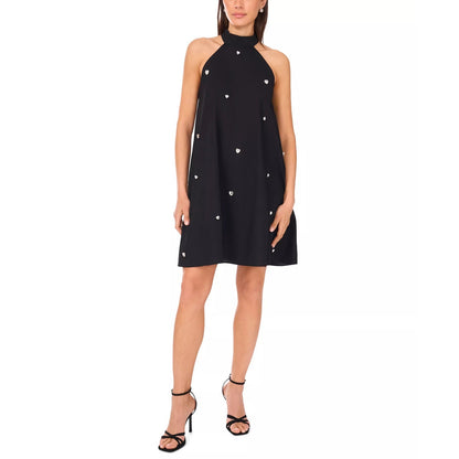 CeCe Women's Cotton Printed Halter Short Shift Dress in Black